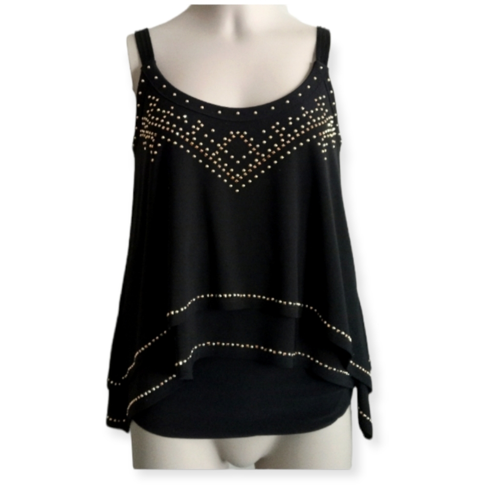 WHITE HOUSE BLACK MARKET black  bedazzled flowy top with gold  rhinestones